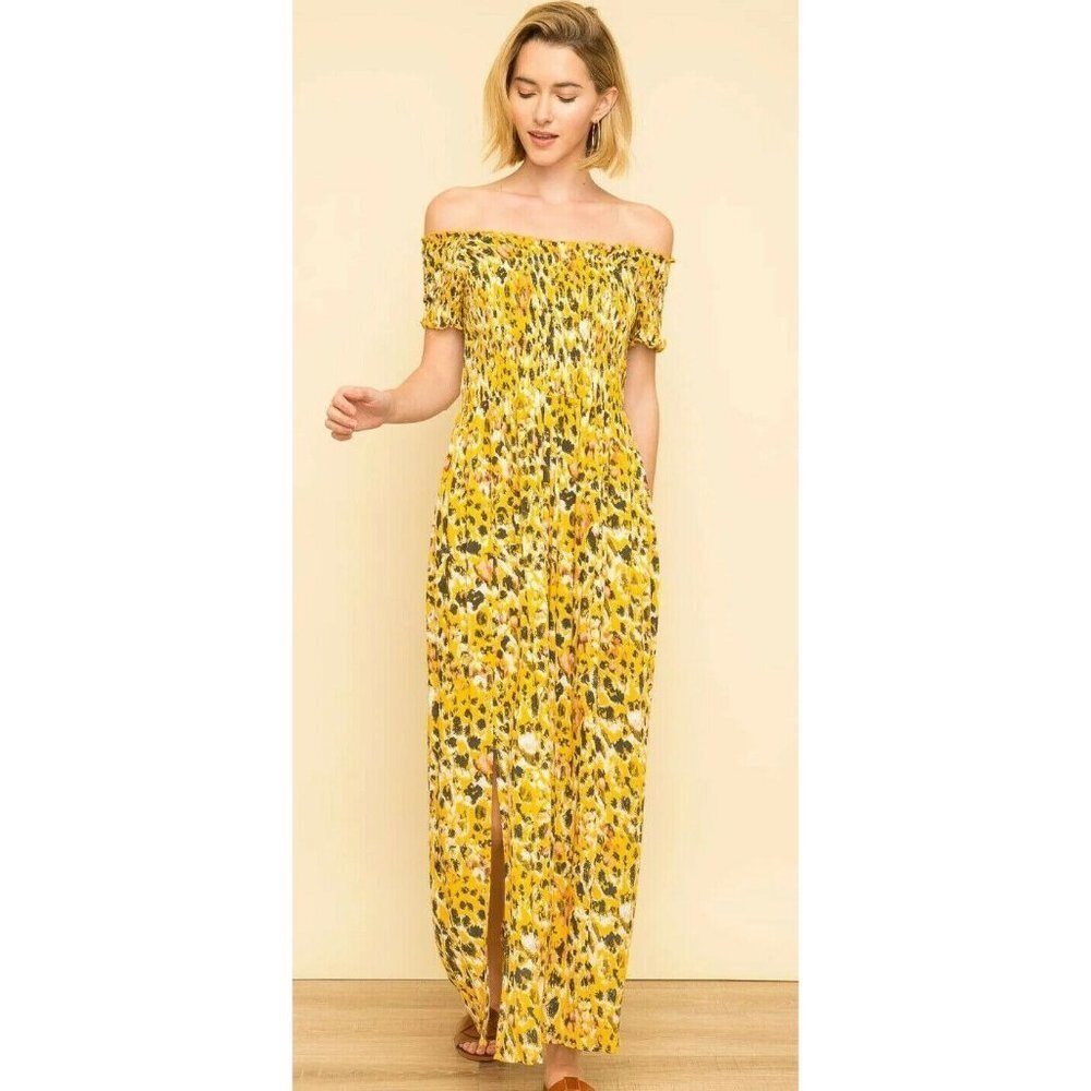 Mystree Yellow Floral Off-Shoulder Maxi Dress